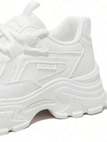 Tenis casuales de suela gruesa para mujer, blancos, transpirables, ligeros, cómodos, tenis chunky minimalistas - Blanco - Ver 6