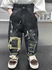 Young Boy Graffiti Distressed Patch Relaxed Fit Jeans, Fall - Blue - View 1