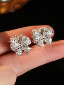1pair Fantasy Bow Platinum Plated Stud Earrings Exquisite Hollow Out Cube Cubic Zirconia Earring For Women Daily Commute Dating Christmas Wedding Gift Copper Jewelry - Silver - View 8