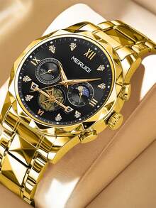 1pc Men's Business Steel Band Triple Eye Chronograph Moon Phase Luminous Fashionable Casual Versatile Quartz Wrist Watch