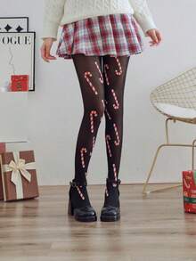 1双女士黑色圣诞长袜，加厚秋冬款，季节性蕾丝拼接雪人雪花图案，圣诞糖果棒图案，红色透气袜底，Y2K性感黑色丝绸节日派对趣味风格连裤袜，紧身袜 - 黑色 - 查看 5