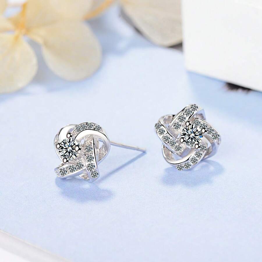 925 Silver Plated Earrings For Women Jewelry Zirconia Eternal Heart Twist Earrings - Silver - View 1