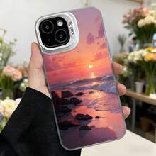 Cubierta de teléfono con diseño de puesta de sol en la playa color rosa y naranja con impresión de mar y rocas para uso diario y ocasiones especiales Aplicable a los teléfonos de la serie Apple y Galaxy - Blanco - Ver 7
