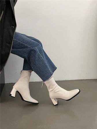 Women's Fashion Boots, Simple Versatile Square Toe Mid-Calf Thick Heel Boots, Coffee Brown Ankle Boots, Back Zipper High Heel Ankle Boots, Elastic Fitted Boots, New Beige Mid-Calf Boots For Autumn/Winter