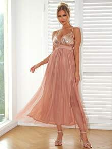 Women's Sequin Contrast Mesh Slip Dress Party Elegant - Champagne - View 6