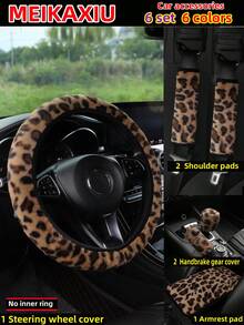 MEIKAXIU Winter Plush Rabbit Fur Coffee, Pink, Gray, White, Purple, Leopard Print Car Accessories Set, Including Steering Wheel Cover, Handbrake Cover, Gear Shift Cover, Armrest Pad, Headrest Cover, Handgrip Cover, Shoulder Pad, Suitable For Women - Leopard Print Plush - View 14