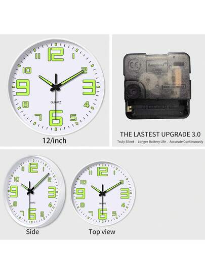 1pc Moderne Luminous Wand Clock, 8/10/12 Inch Round Quiet Japanese Quartz Movement Sleek Zwart Groen Glow Digital Display Living Room, Bedroom, Dining Area Outdoor Battery Operated (AA Not Included), Klok Room Home Back To School Supplies view 11