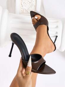女士经典绑带宽口收腰穆勒鞋，柔软舒适的合成革材质，成熟性感风格，四季皆宜，咖啡棕色，尖头设计，细高跟，是派对、职场、社交活动、教师节、圣诞节、母亲节、情人节、春夏穿搭的理想之选。 - 咖啡棕 - 查看 1