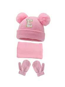 4pcs/Set Kids 26 Letters Knitted Hat, Scarf And Gloves Set, Unisex Winter Warm Accessories Set, Suitable For Toddlers And Children - Pink - View 7
