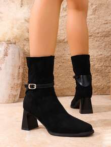 2025 Autumn/Winter New Chunky Heel Round Toe Short Boots, Casual Versatile Retro Fashionable Comfortable Zipper Ankle Boots For Petite Women - Black - View 5