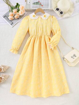 Vestido casual y lindo con cuello, manga larga, cintura ceñida y estampado floral en relieve para niñas de 8 a 12 años