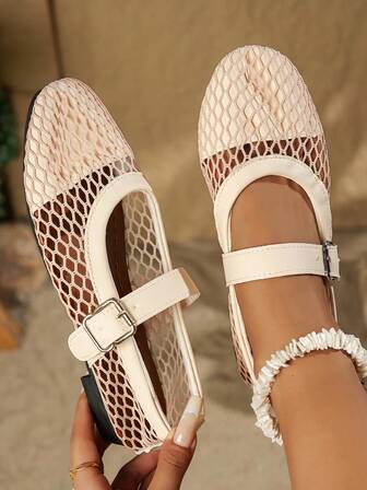 Women's Beige Fishnet Hollow-Out Design Buckle Strap Lightweight Luxury Fashion Versatile Runway Party Mary Jane Ballet Flats, Casual Outdoor Beach Resort Retro Bohemian Chic Recommended By Influencers, Breathable Flat Sandals