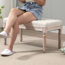 HOMCOM Pouf, Linen-Look Upholstered Bench, Footrest With Padded Seat, Wooden Legs, For Living Room, Bedroom, Cream White - White - View 6