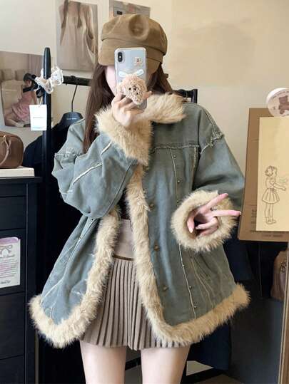 复古美式风格女士抓绒牛仔外套，新款冬季拼接仿毛领加厚外套