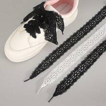 2PcsKorean Lace Bowknot Lace-Up Shoes With Elastic Lace Shoelaces In Black And White - White - View 2