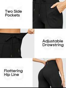 Women's Casual Solid Color Drawstring Waist Sports Pants, Women's Sports Yoga Bell Bottom Pants, Casual Sports Pants, Outdoor Sports Pants, Wide Leg High Waist Casual Pants With Side Pockets, Autumn And Winter Daily Casual Graduation And Return To School Clothes, Female Teacher's Clothes, - 黑色 - 查看 3