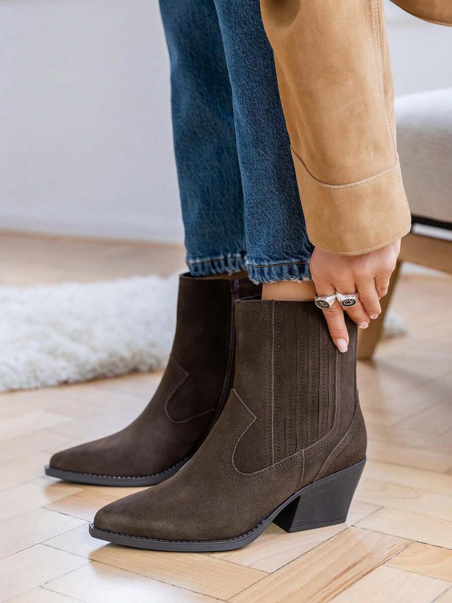 Pointed Toe Ankle Boots In Genuine Suede Leather, Featuring A Cuban Heel And A Structured Design For A Bold And Elegant Style. - Brown - View 1
