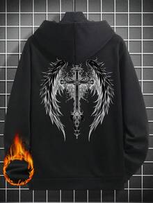 Men's Casual Street Style Dark Graphic Wing & Cross Print Thermal Lined Hoodie Sweatshirt, Autumn/Winter, Long Sleeve Top - Black - View 4
