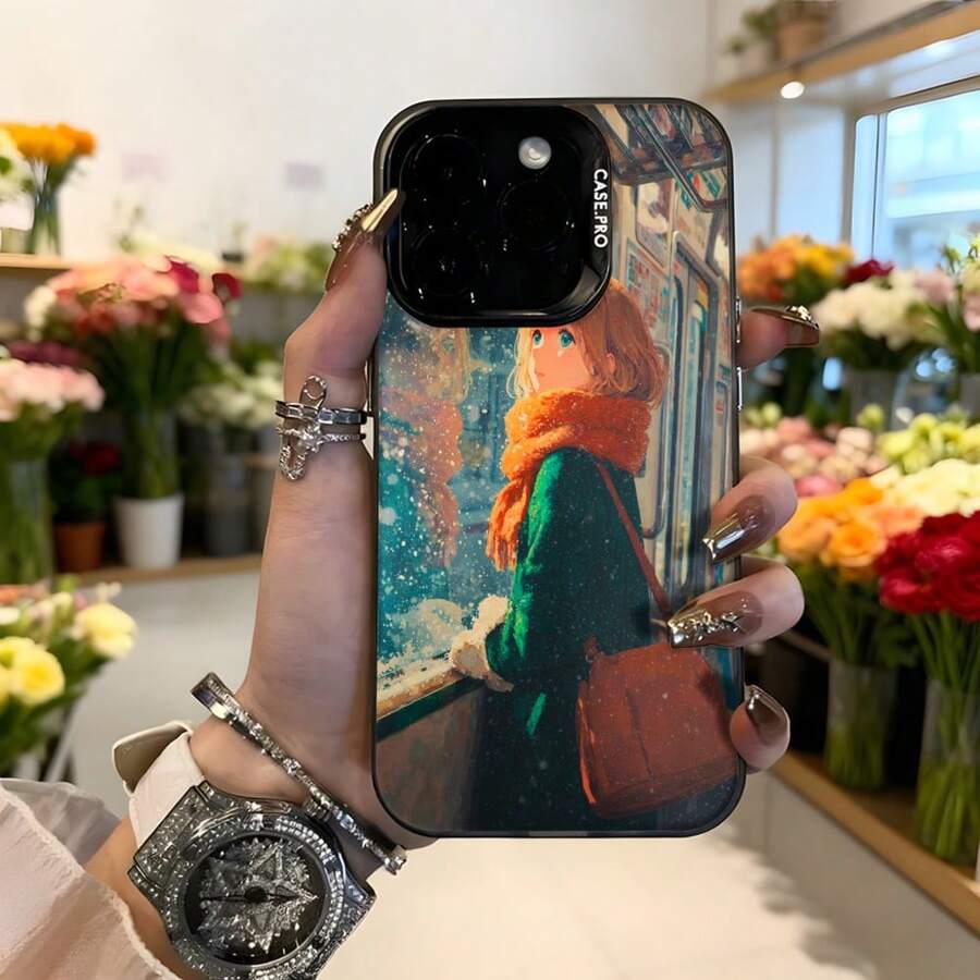 Funda de teléfono con diseño de dibujos animados para mujer color negro con estampado de chica en tren con bufanda naranja y texto CASETTO ideal para uso diario y regalos Aplicable a los teléfonos de la serie Apple y Galaxy - Negro - Ver 1
