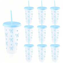 5/10pcs Pink Belt Bow Plastic Water Bottle With Straw And Lid, Reusable Plastic Cup, Cold Drink Cup, Iced Coffee Suitable For Home And Office Use, Decoration, Gifts, Birthdays, Parties, Holiday Cup, Summer Water Bottle, Vintage Drinking Water - 藍色 - 查看 2