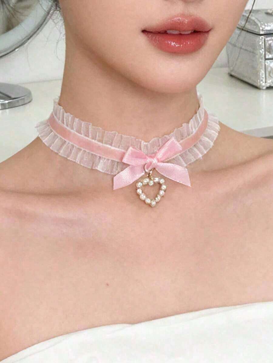 1pc Cute Sweet Lace Choker Necklace With Faux Pearl, Heart & Bow Decor, Gift For Her - 粉色 - 查看 1