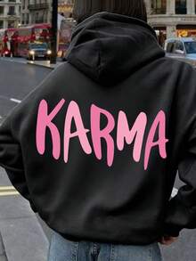 1 Stück Teenager Mädchen "KARMA" Muster Schwarzer Hoodie, weich und bequem, Lässig Alltagskleidung