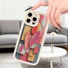 Cubierta de teléfono con diseño de plumas y formas geométricas en tonos rosados y azules para uso diario en interioresAplicable a teléfonos Apple y Galaxy. - Blanco - Ver 7