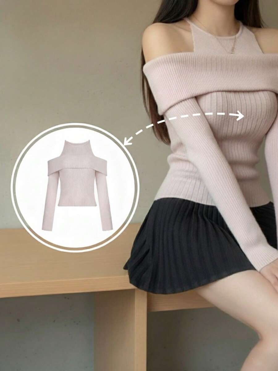 YEAE | 女士高弹针织露肩长袖上衣，常规长度，露肩设计 - 粉色 - 查看 1