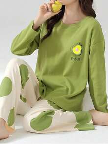 AICJ 两件套女士休闲牛油果印花长袖上衣和长裤家居服套装，适合春、夏、秋、冬穿着，舒适保暖。