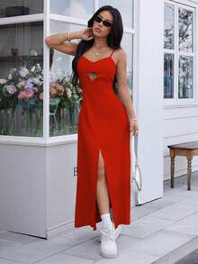 REF:AS1826 - Long Dress With Thin Straps And Front Slit: Elegance And Sensuality In The Same Look - Red - View 1