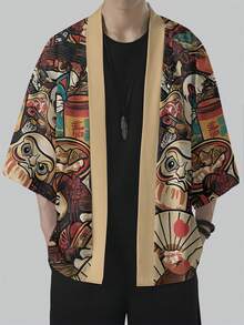 Men's Casual Fashionable Cardigan Kimono Print Top, Clothing - Orange - View 3