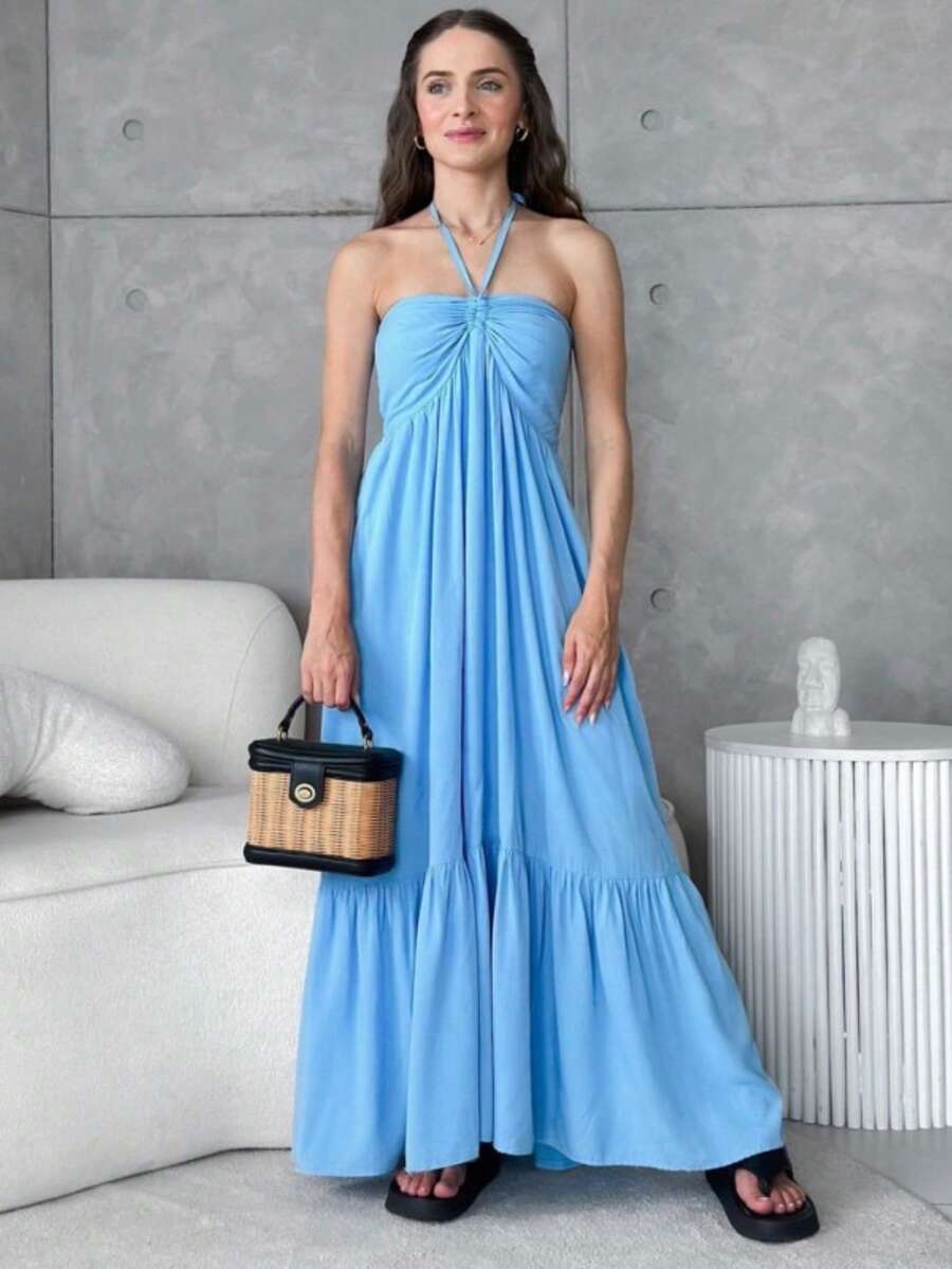 Long Strapless Yellow Dress With V-Neck Tie, Elegant And Cool For Summer Style. - Baby Blue - View 1