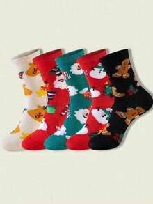 6双/10双圣诞印花袜子，舒适可爱毛绒保暖袜，女士长袜（款式随机）- 1双/3双/5双 - 彩色 - 查看 8