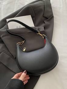 1pc PU Solid Color Zipper Crescent Underarm Bag, Fashionable Retro Shoulder Bag, Suitable For Office Ladies, Versatile (Lychee Pattern Style) - Black - View 11