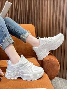 Tenis casuales de suela gruesa para mujer, blancos, transpirables, ligeros, cómodos, tenis chunky minimalistas - Blanco - Ver 2