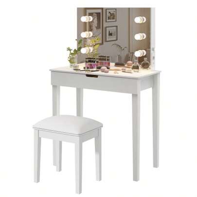 Dressing Table With Mirror, Dressing Stool, Dressing Table Set With 6 Light Bulbs, White