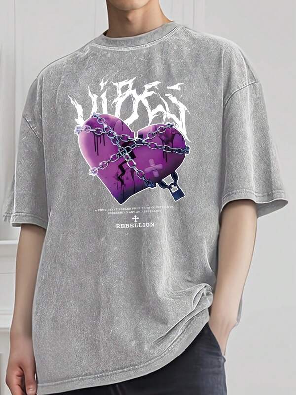 Dark Chain Broken Heart Print Manfinity Men's Vintage Washed Round Neck T-Shirt, Men's Exclusive Clothing, Daily Casual Wear, High-Quality Fabric, Breathable And Sweat-Absorbent, Skin-Friendly And Comfortable, Wrinkle-Resistant And Durable, Suitable For All Seasons