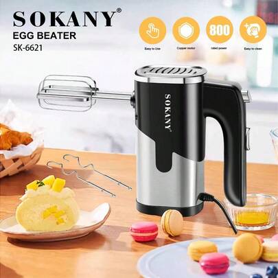 SOKANY خلاط يدوي متعدد الوظائف سوكاني 6621، خفاقة، خلاط كهربائي. قوة عالية 800 واط | تصميم 2 في 1، محور مزدوج | من الفولاذ المقاوم للحرارة | ضبط 5 سرعات. مناسب لخفق الكريمة وبياض البيض بسرعة، وعجن العجين. أداة مطبخ أساسية وضرورية للخبز.