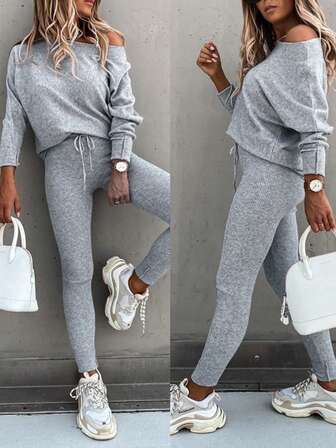 ChicMe Women 2 Piece Knit Set Skew Neck Off Shoulder Long Sleeve Pullover Top Drawstring High Waist Slim Pants Casual Chic Everyday Outfit