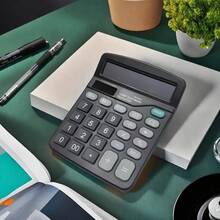 1台高性价比12位计算器，太阳能/电池双电源，大按键设计，适用于办公、财务、学生、收银员等场景，具备内存存储、GT累加和纠错功能，桌面/便携式两用电子计算器，家庭及商业必备计算工具 - 不含电池 - 黑色 - 查看 6