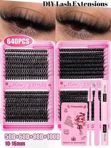 MEM 640pcs D-Curl Natural Look Eyelash Extension Kit, Includes 10D+20D+30D+40D+50D+60D+80D+100D, Suitable For Beginners, Thick Black Mixed, Large Capacity Lash Book, Classic Handmade False Eyelashes, Long-Lasting Eye Makeup, Daily Lash Set, Suitable For Party, Wedding, Christmas, Music Festival, Kit Includes Lash Glue, Tweezers And Lash Brush. Travel Size. - 黑色 - 查看 3