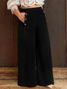 Pantalón largo de mujer de talla grande para otoño/invierno, de unicolor con botones, elegante, de corte ajustado, con estilo de pierna ancha, para ir a la oficina, banquetes, fiestas, bodas, Navidad - Negro - Ver 7