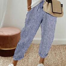 Valentine's Day 2026 Summer Women's Striped Casual Pants Loose Fit Elastic Waist Suitable For Christian Church Activities, Vacation, Beach, Daily Casual Wear, Etc - 藍色 - 查看 2