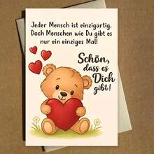"Jeder Mensch Ist Einzigartig" German Adult Card - Teddy Bear & Heart Affectionate Design (Includes Envelope) - Multicolor - View 10