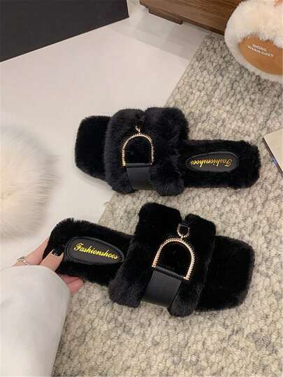 女士毛绒拖鞋，字母和水钻装饰，平底毛绒拖鞋，百搭家居拖鞋