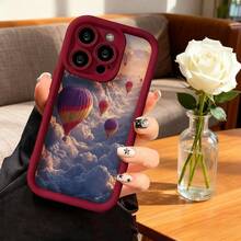 Cubierta de teléfono con borde negro diseño de globos aerostáticos en el cielo naranja y nubes para iPhone 14 Pro Max protección anticaídas estilo artístico ideal para viajeros y amantes de la naturaleza - Burdeos - Ver 2