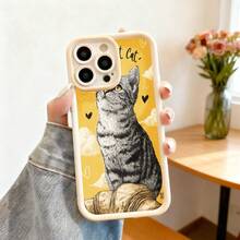 Cubierta de telefono con borde negro amarillo con estampado de gato y croissant para iPhone 14 Pro Max protector de pantalla elegante para uso diario y trabajo - Blanco - Ver 2