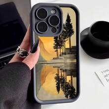 Cubierta de teléfono con borde protector color negro diseño de paisaje natural con árboles reflejados en agua y atardecer ideal para uso diario y protección del dispositivo - Negro - Ver 2