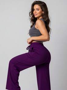 Wide Leg Pants With Flare Leg, Sophisticated Fit, Structured Style, High , Contemporary, Casual, Comfortable, Modern, Chic - Purple - View 6
