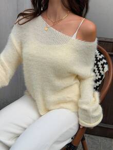 Women's Comfortable Versatile Loose Fit Long Sleeve Asymmetric-Shoulder Hollow Knit Sweater, Soft Yellow Knitted Top With Gentle Vibe, Slouchy & Pure Style - Butter Yellow - View 7